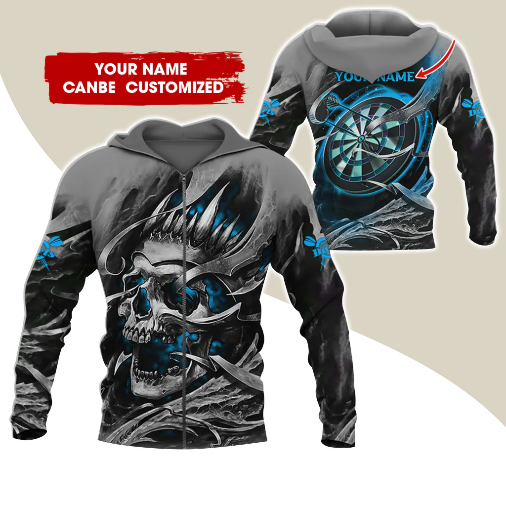 Customized Name Skull Darts Premium Zip Hoodie, Personalized Name Dartboard Zip Hoodie For Men & Women - Gift For Darts Lovers, Darts Players - Image 5