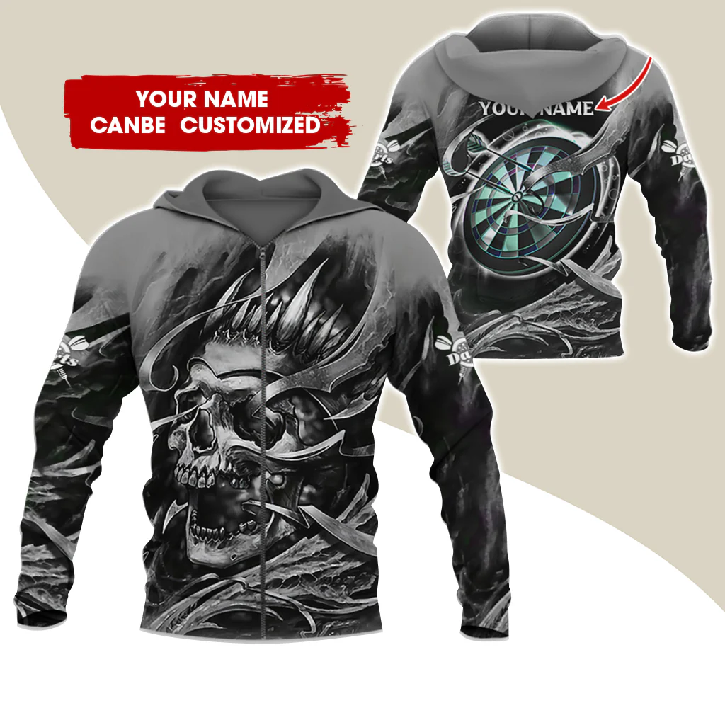 Customized Name Skull Darts Premium Zip Hoodie, Personalized Name Dartboard Zip Hoodie For Men & Women - Gift For Darts Lovers, Darts Players - Image 6