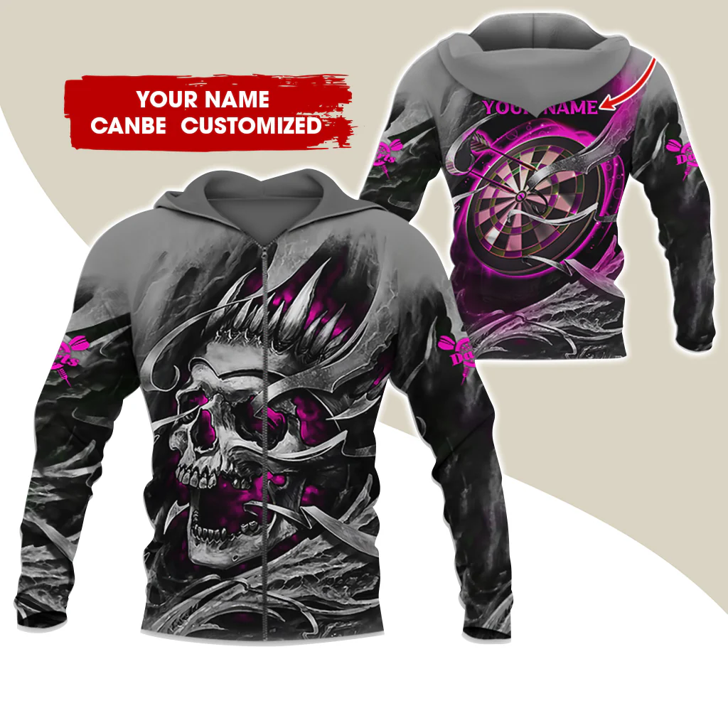 Customized Name Skull Darts Premium Zip Hoodie, Personalized Name Dartboard Zip Hoodie For Men & Women - Gift For Darts Lovers, Darts Players - Image 7