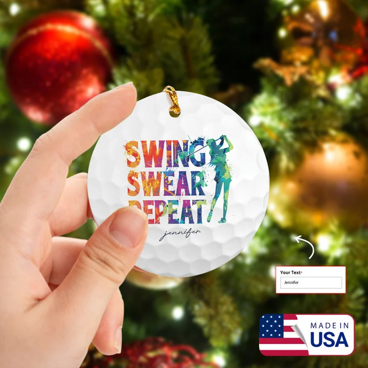 Customized Name Swing Swear Repeat Watercolor Women Golf Ceramic Ornament - Best Gift For Golf Lovers, New Year, Christmas - Image 2