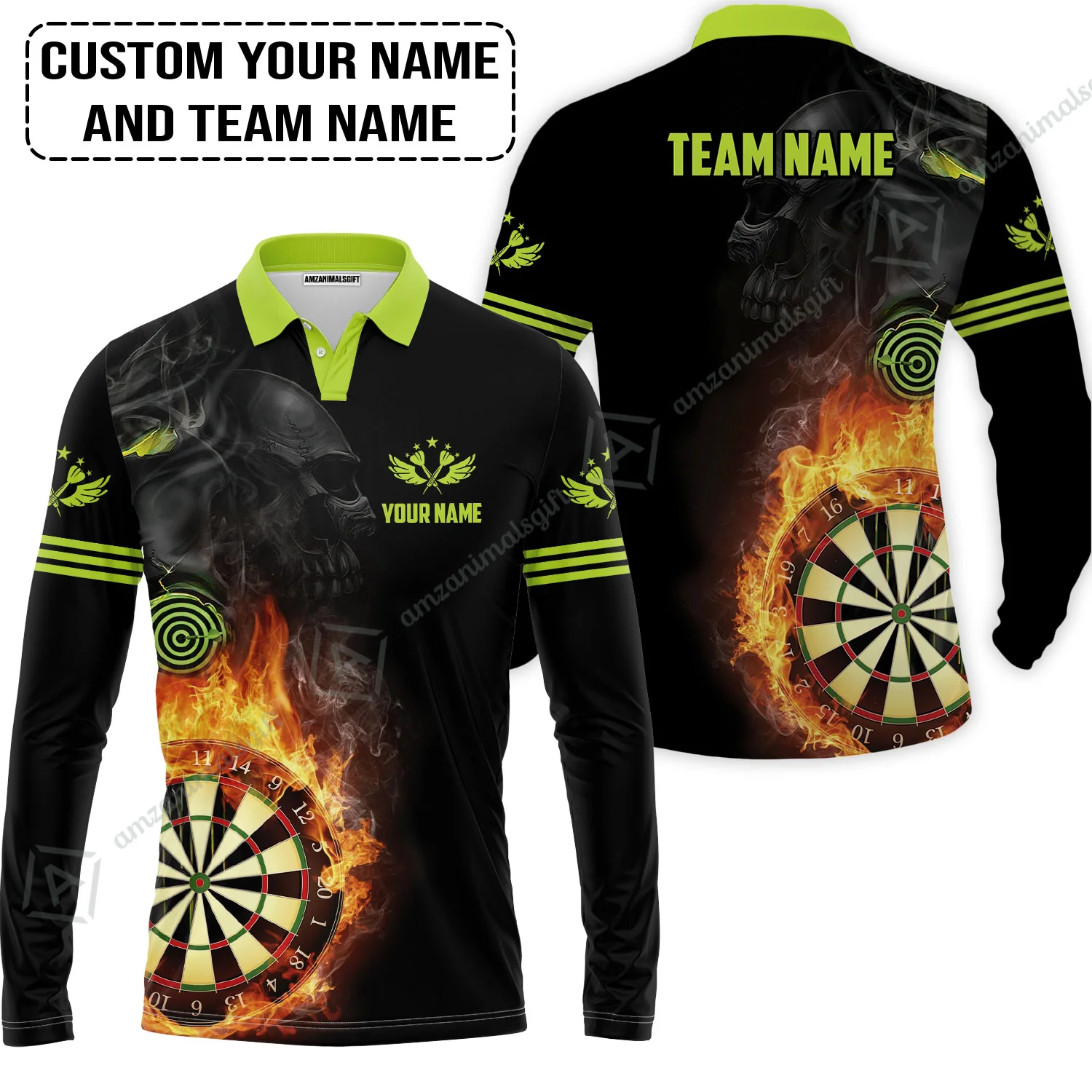 Customized Name & Team Darts Polo Shirt, Skull Darts Flame Personalized Darts Polo Shirt - Image 3