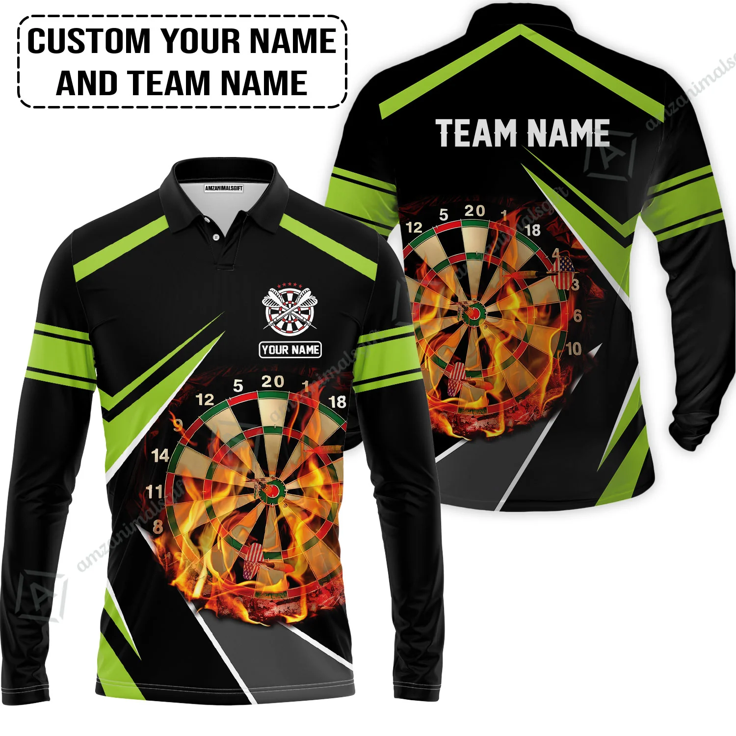 Customized Name & Team Name Darts Zip Polo Shirt, Dartboard Flame Personalized Darts Zip Polo Shirt - Image 3