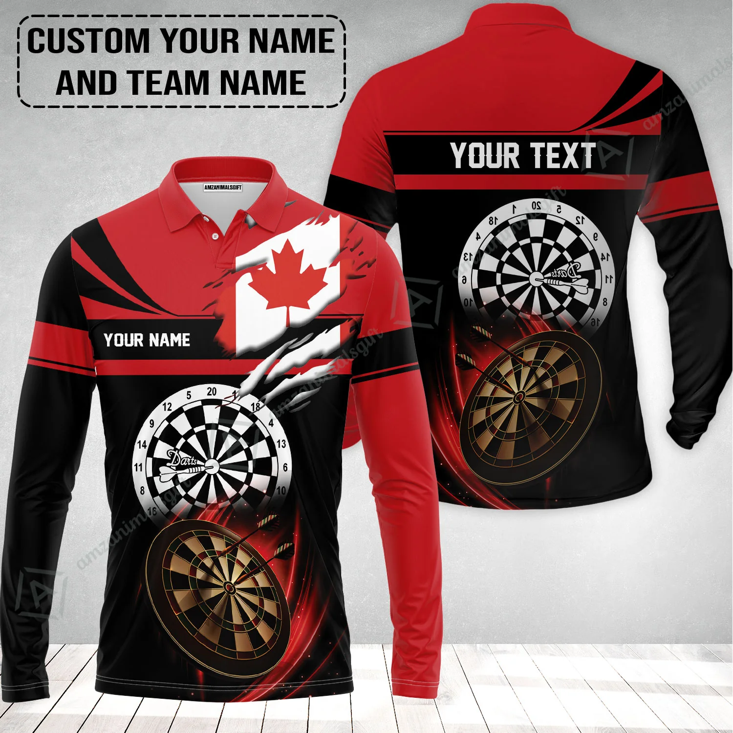 Customized Name & Text Darts Long Polo Shirt, Canada Flag Personalized Name Darts Long Polo Shirt - Image 2