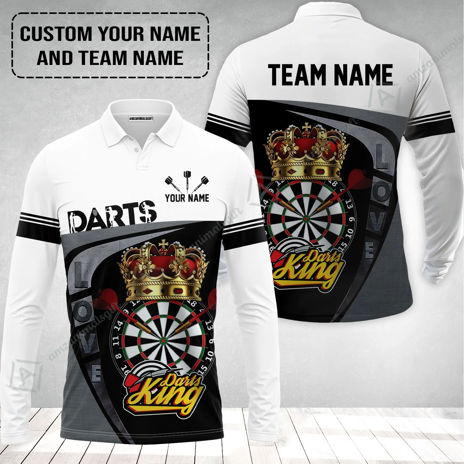 Customized Name & Text Darts Long Polo Shirt , Darts King Personalized Name Darts Uniforms Long Polo Shirt - Image 2