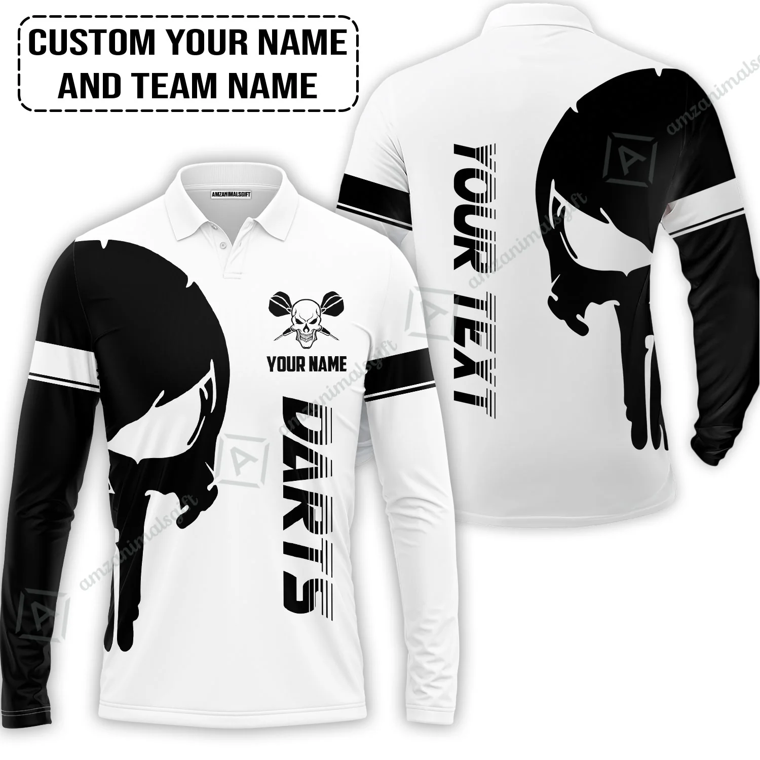 Customized Name & Text Darts Polo Shirt, Darts Skull Personalized Name Darts Polo Shirt - Image 3