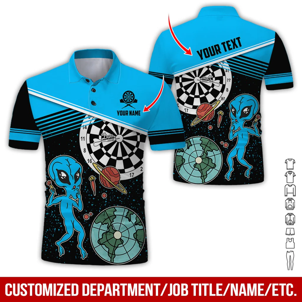 Customized Name & Text Darts Polo Shirt, Personalized Name Darts And Alien Polo Shirt For Men - Perfect Gift For Darts Lovers, Darts Players - Image 2