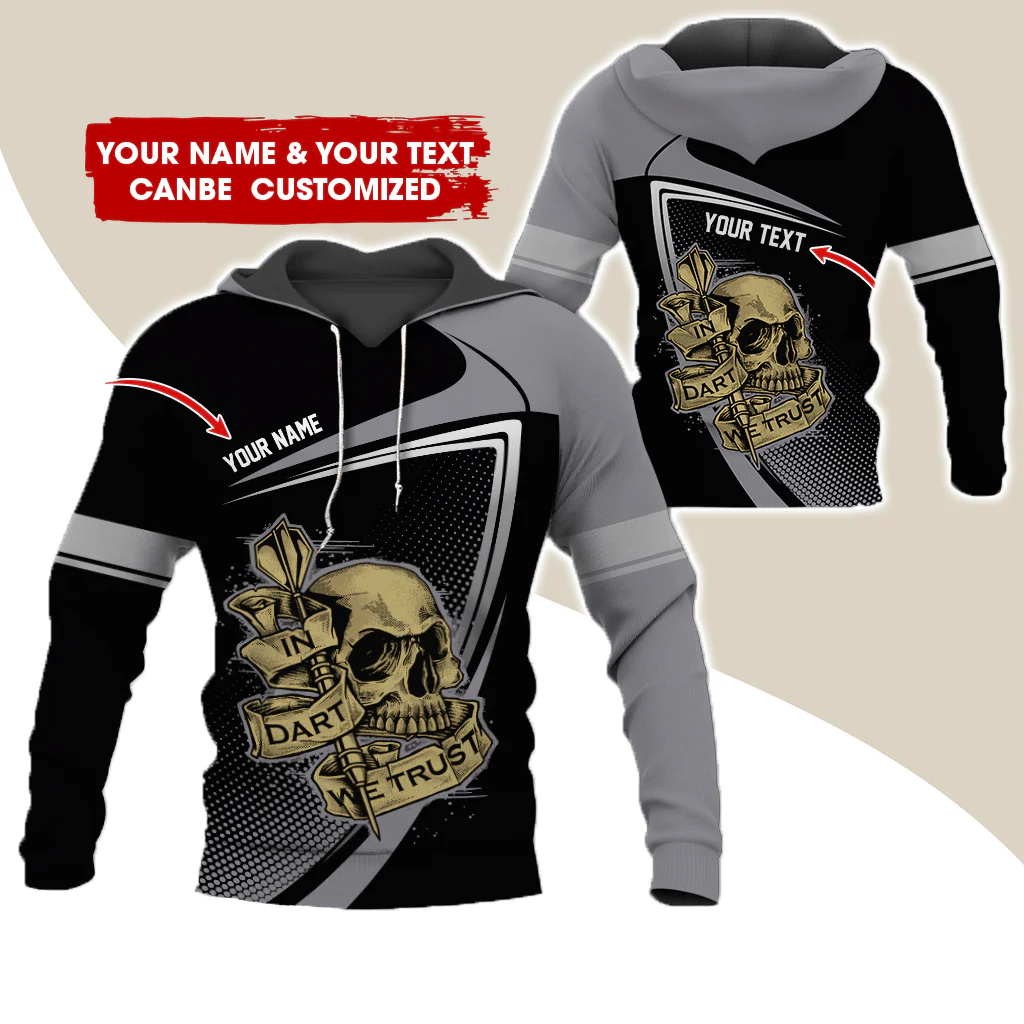 Customized Name & Text Darts Premium Skull Hoodie, In Dart We Trust Hoodie For Men & Women - Gift For Darts Lovers, Friend, Family - Image 2