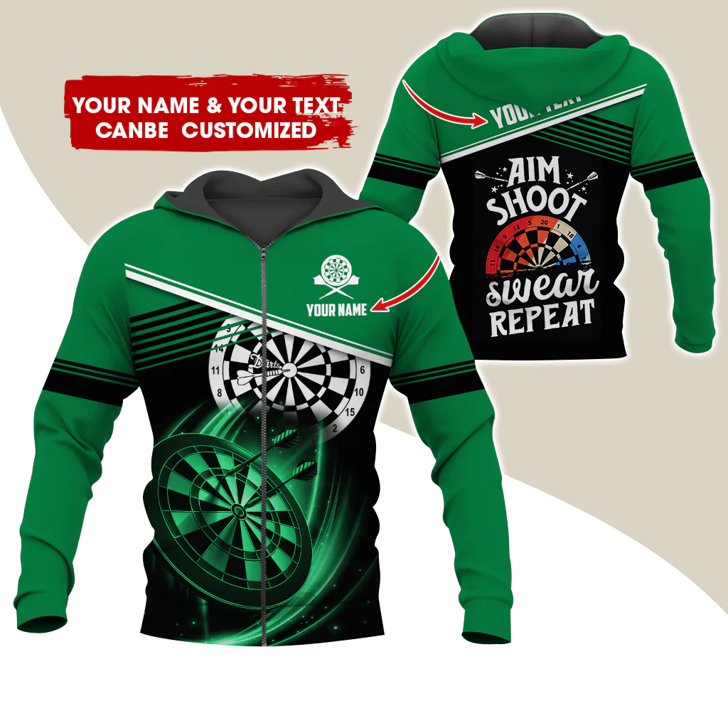 Customized Name & Text Darts Premium Zip Hoodie, Personalized Aim Shoot Sweat Repeat Zip Hoodie For Men & Women - Gift For Darts Lovers, Darts Players - Image 2