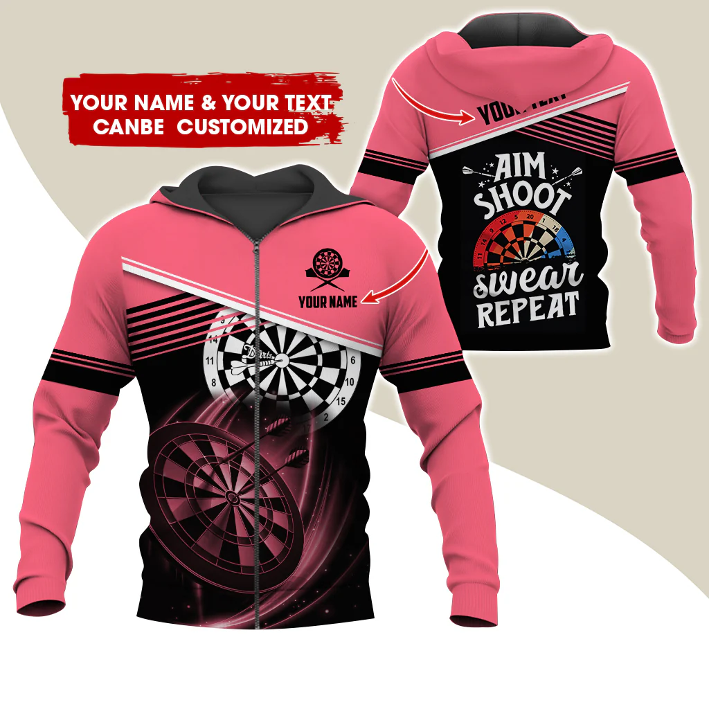 Customized Name & Text Darts Premium Zip Hoodie, Personalized Aim Shoot Sweat Repeat Zip Hoodie For Men & Women - Gift For Darts Lovers, Darts Players - Image 3
