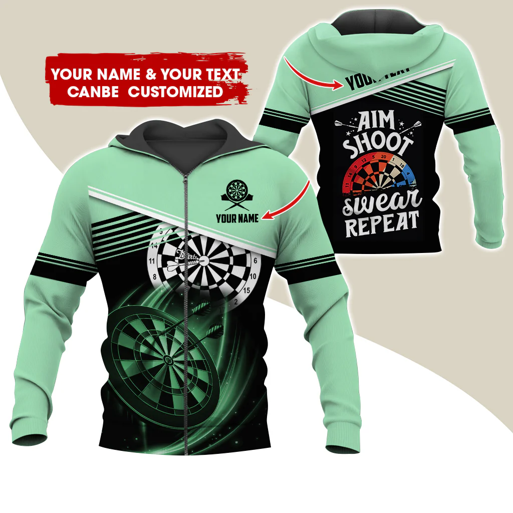 Customized Name & Text Darts Premium Zip Hoodie, Personalized Aim Shoot Sweat Repeat Zip Hoodie For Men & Women - Gift For Darts Lovers, Darts Players - Image 4