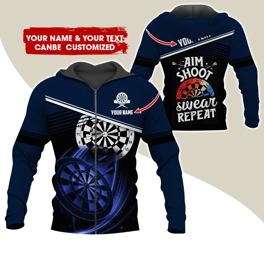 Customized Name & Text Darts Premium Zip Hoodie, Personalized Aim Shoot Sweat Repeat Zip Hoodie For Men & Women - Gift For Darts Lovers, Darts Players - Image 5