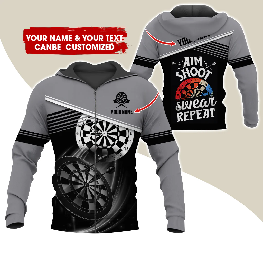 Customized Name & Text Darts Premium Zip Hoodie, Personalized Aim Shoot Sweat Repeat Zip Hoodie For Men & Women - Gift For Darts Lovers, Darts Players - Image 9