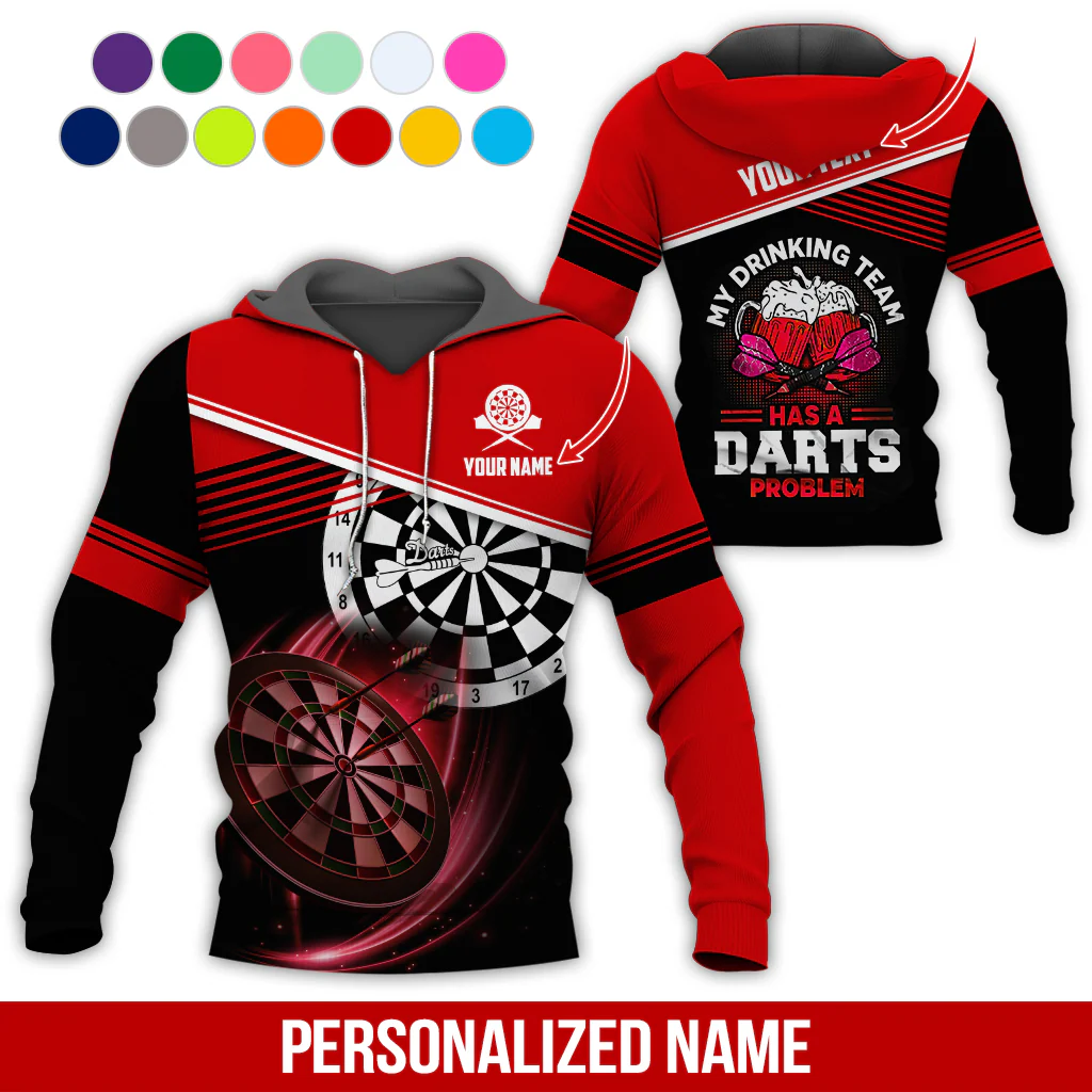 Customized Name & Text Darts Skull Premium Hoodie, My Drinking Team Has Darts Problem Hoodie, Perfect Gift For Darts Lovers, Darts Player - Image 3
