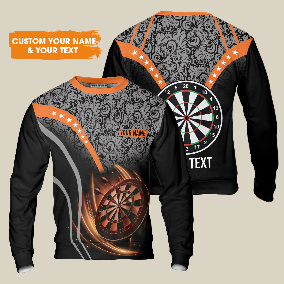 Customized Name & Text Darts Sweatshirt, Personalized Name Dartboard Orange Sweatshirt - Gift For Darts Players - Image 2
