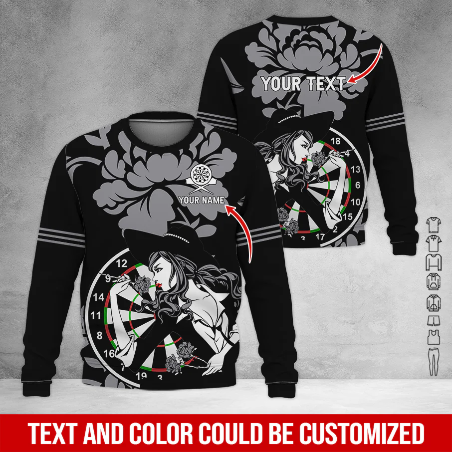 Customized Name & Text Darts Sweatshirt, Personalized Name Rose Girl Plays Darts Sweatshirt For Men & Women - Gift For Darts Lovers, Darts Players - Image 6
