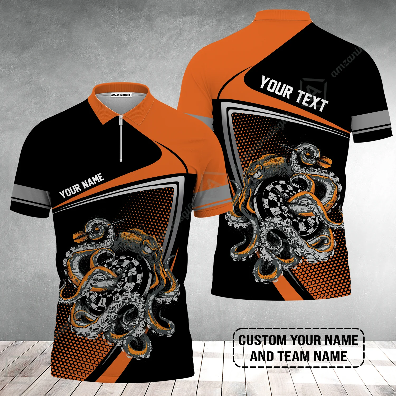 Customized Name & Text Darts Zip Polo Shirt, Personalized Darts And Octopus Zip Polo Shirt - Image 2