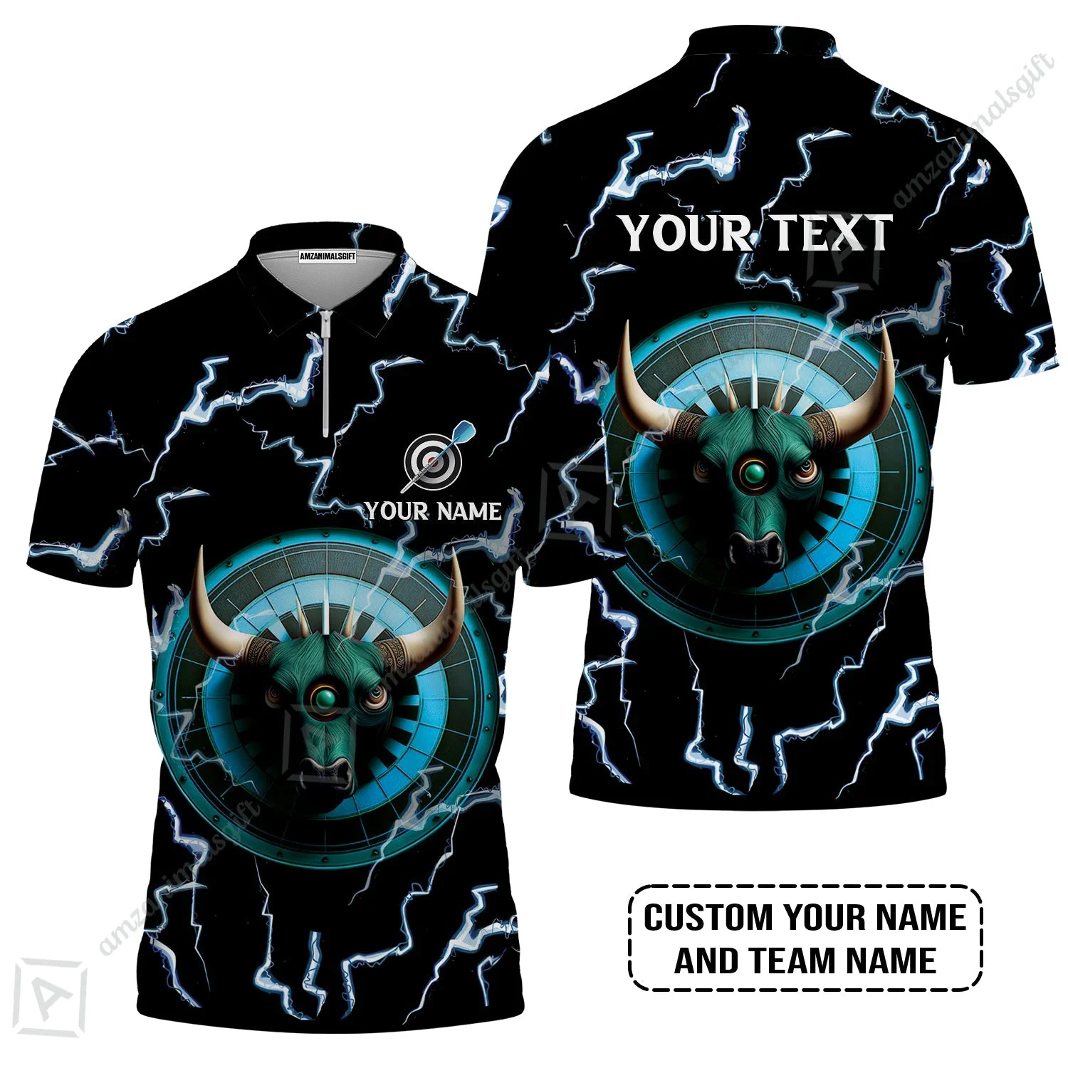 Customized Name & Text Darts Zip Polo Shirt, Personalized Name Bullseye Dartboard Zip Polo Shirt