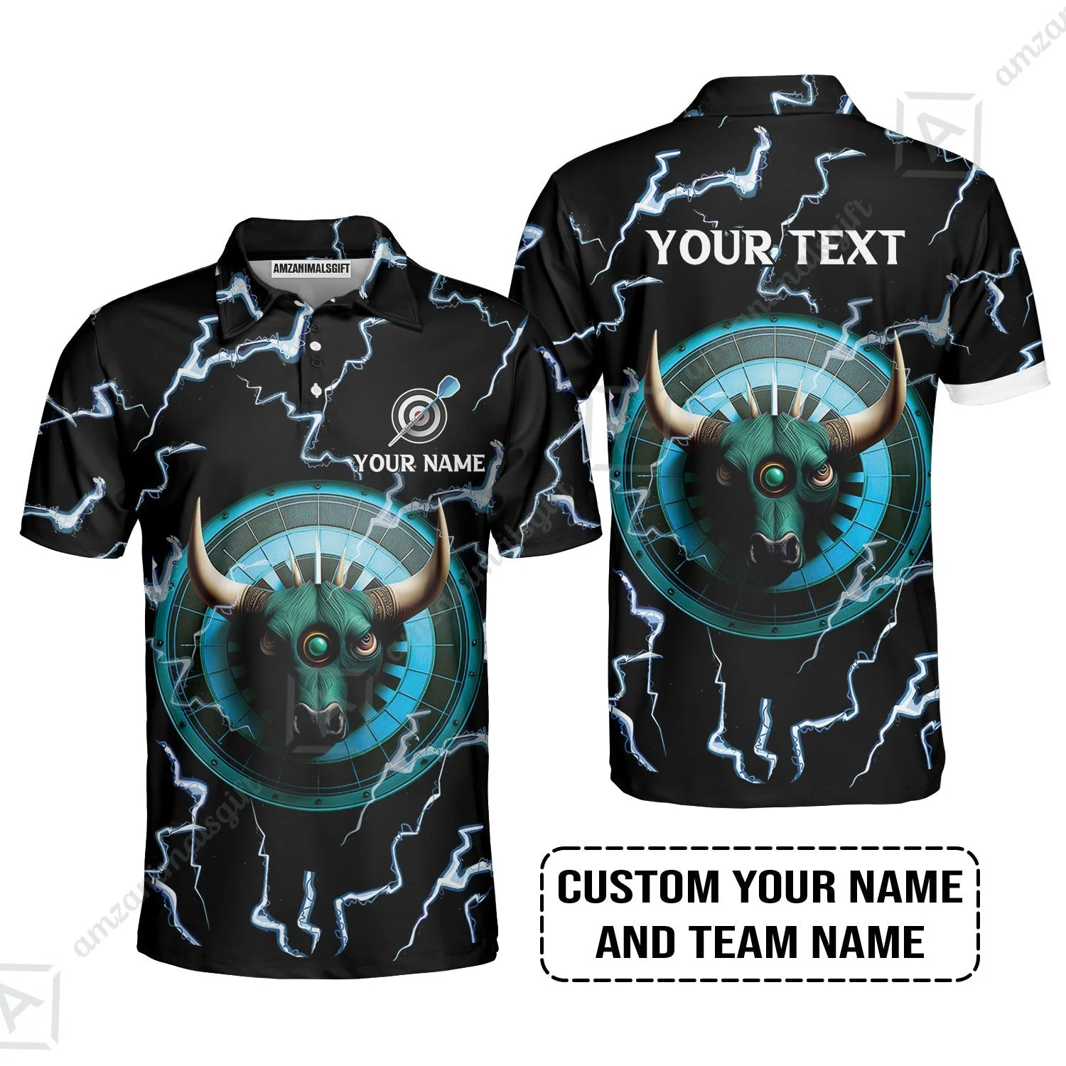 Customized Name & Text Darts Zip Polo Shirt, Personalized Name Bullseye Dartboard Zip Polo Shirt - Image 4