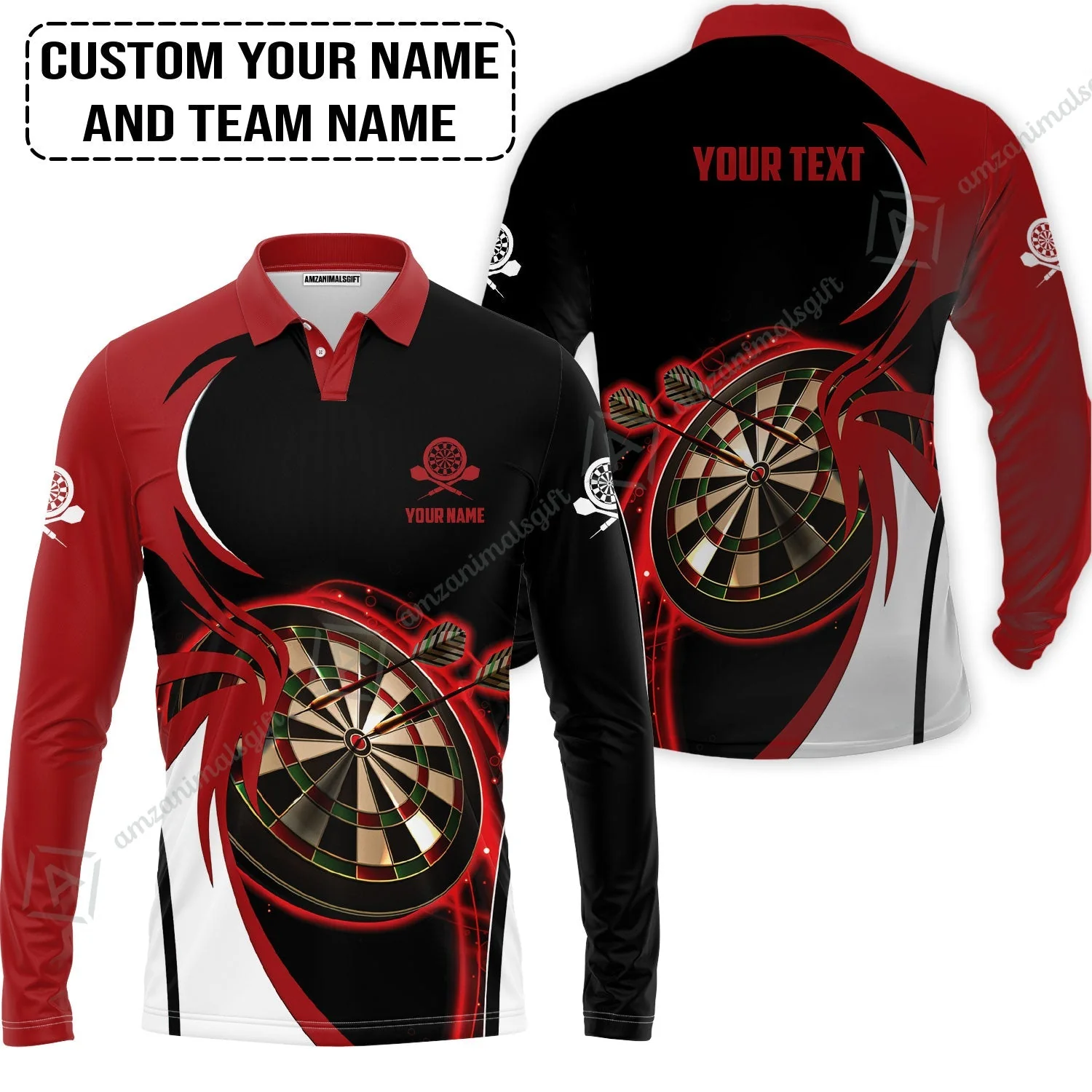 Customized Name & Text Darts Zip Polo Shirt, Personalized Red Darts Uniforms Zip Polo Shirt - Image 3