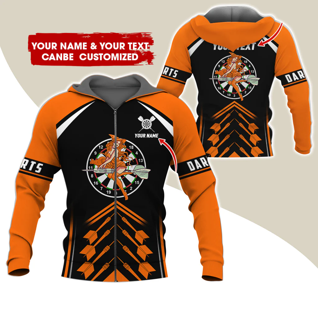 Customized Name & Text Witch Darts Premium Zip Hoodie, Personalized Name Dartboard Zip Hoodie For Men & Women - Gift For Darts Lovers, Darts Players - Image 2