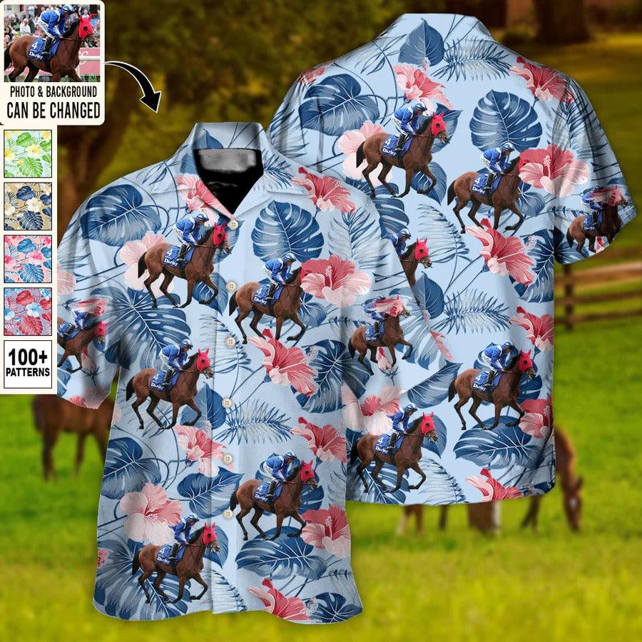 Customized Photo Horse Hawaiian Shirts For Summer - Horse Racing Tropical Summer Custom Photo, Horse Race, Kentucky Derby, Melbourne Horse Race - Perfect Gift For Men, Horse Racing Lovers - Image 3