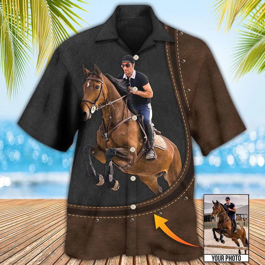 Customized Photo Horse Hawaiian Shirts For Summer - Horse Riding Leather Style Custom Photo Hawaiian Shirt - Perfect Gift For Men, Horse Racing Lovers - Image 2