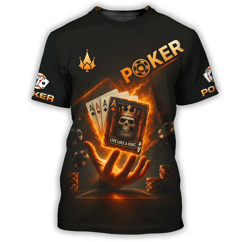 Customized Poker Shirt, Fiery Four Aces with Skull King Card Shirts, Perfect Outfit For Poker Players - Image 2