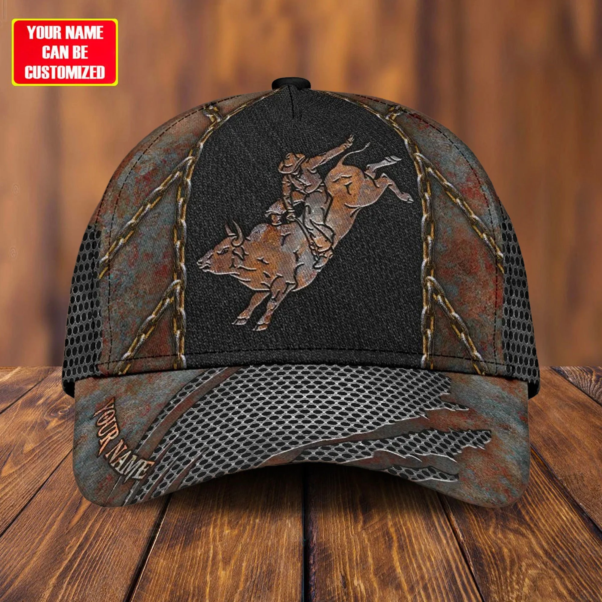 Customized Rodeo Baseball Caps Hat, Bull Riding Black Steel Pattern Baseball Caps, Best Hat Gift For Rodeo, Bull Riding