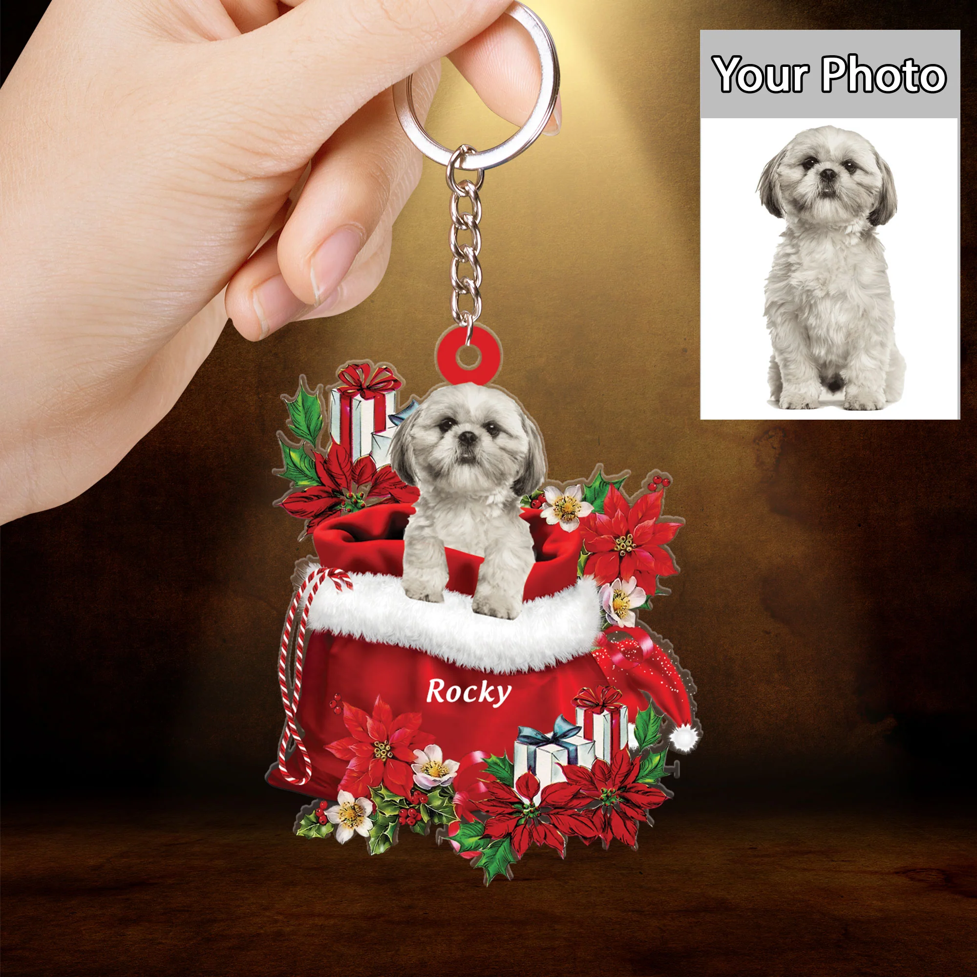 Customized Shih Tzu In Red Gift Bag Christmas Acrylic Keychain, Personalized Christmas Gift For Dog Lovers, Dog Mom - Image 2