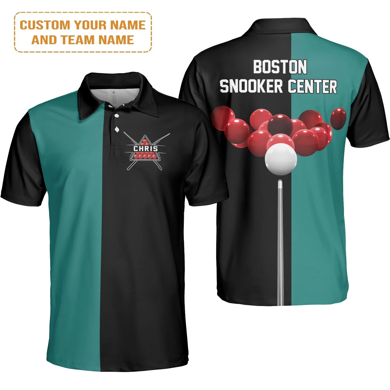 Customized Snooker Polo Shirt, Black Green Shirt With Cue Stick Strike Snooker Ball For Snooker Player, Snooker Team, Cue Sport - Image 2