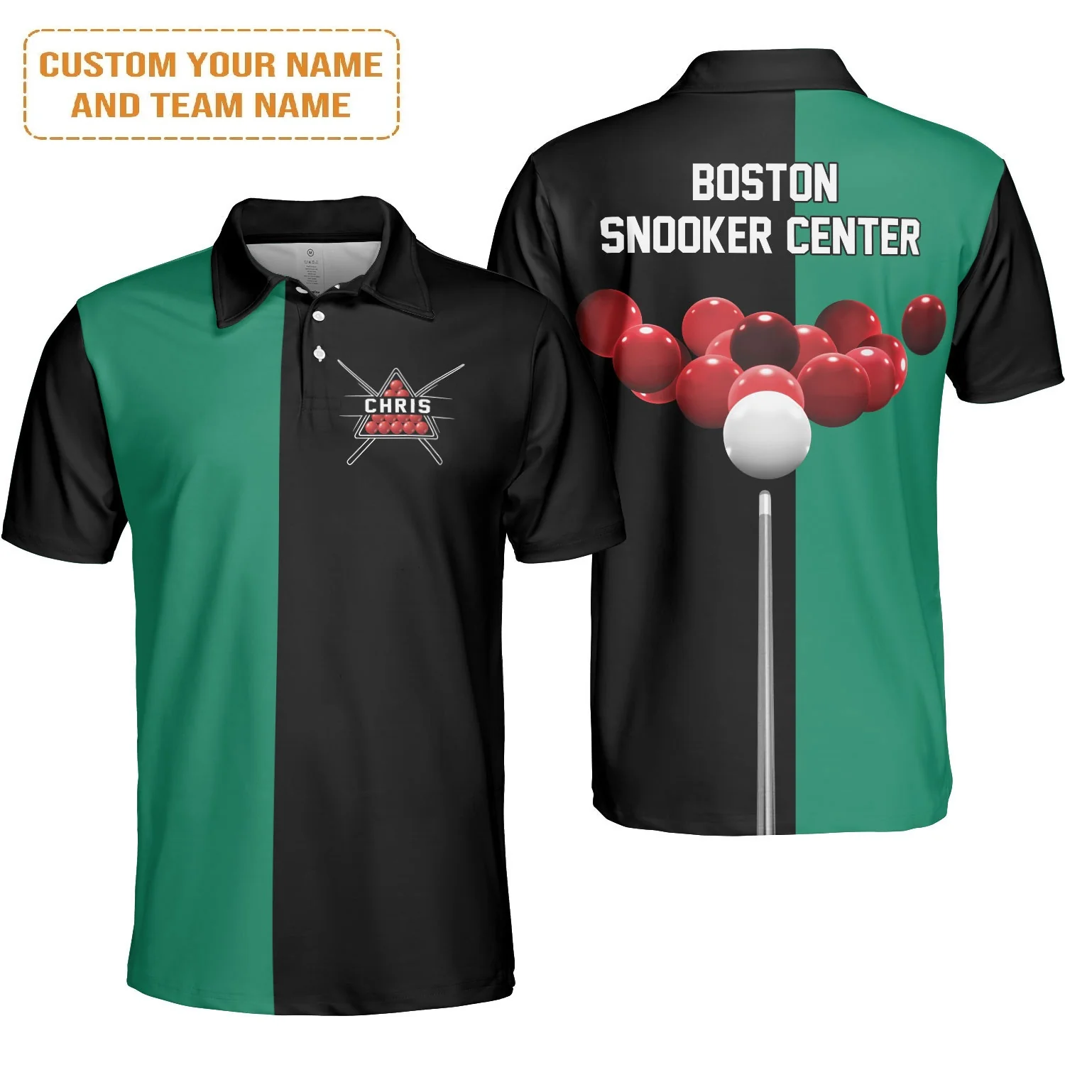 Customized Snooker Polo Shirt, Black Green Shirt With Cue Stick Strike Snooker Ball For Snooker Player, Snooker Team, Cue Sport - Image 3