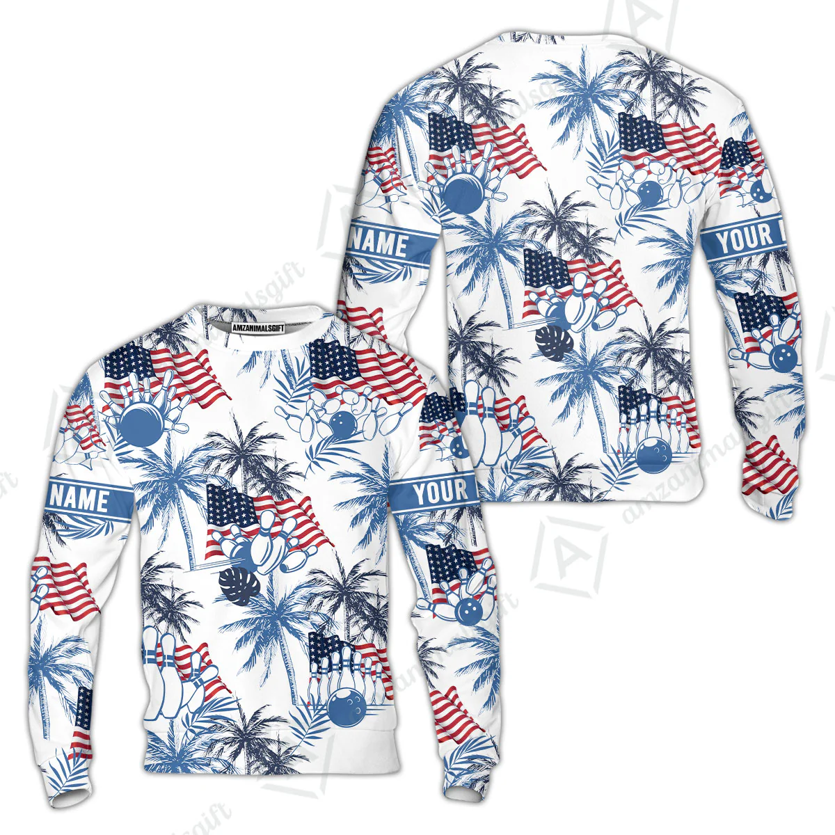 Customized Tropical American-style Bowling Sweatshirt With Palm Trees, Flags – Perfect For Summer Bowling Vibes