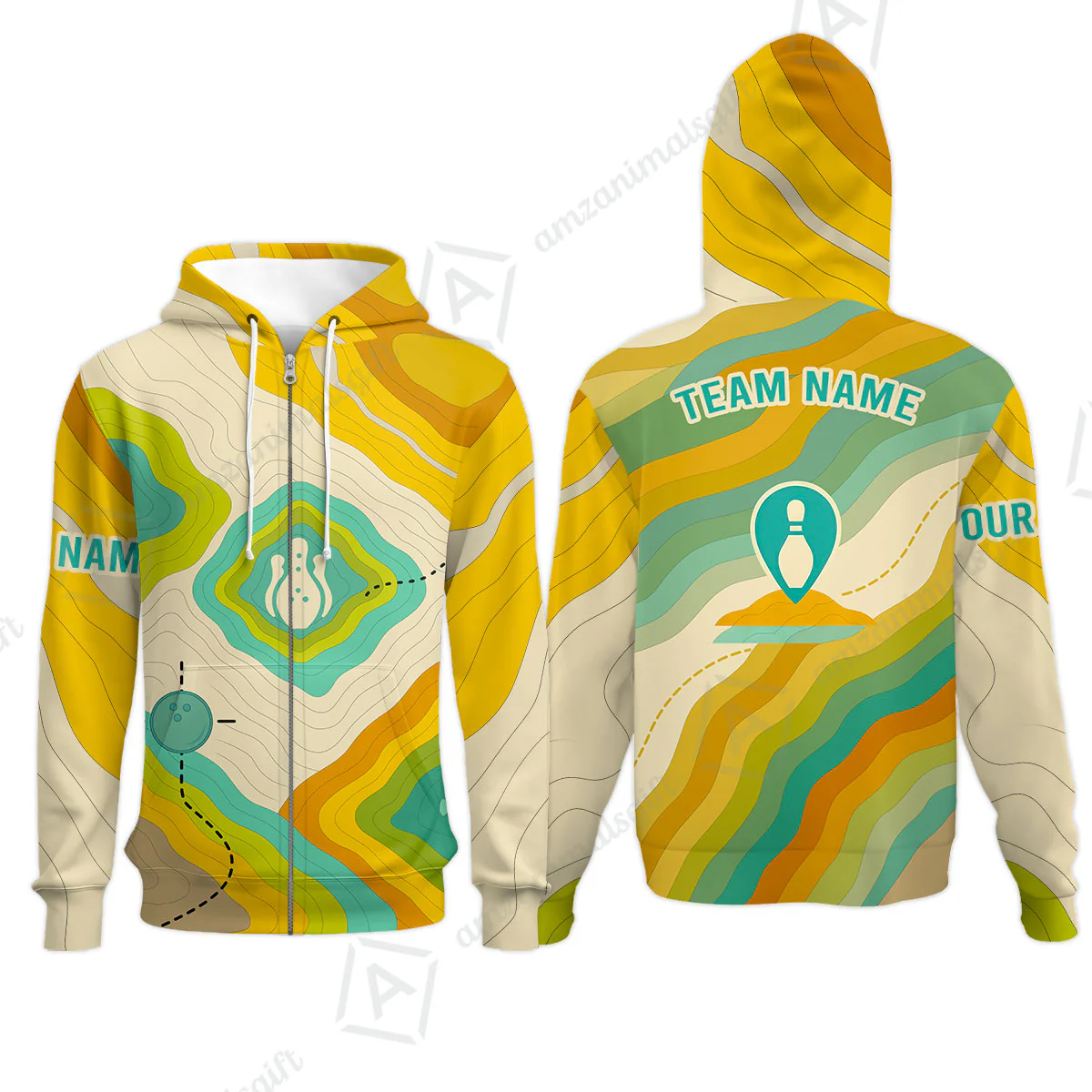 Customized Vintage Bowling Zip Hoodie, Topographic Map Trail Style Zip Hoodie For Bowling Team, Bowlers