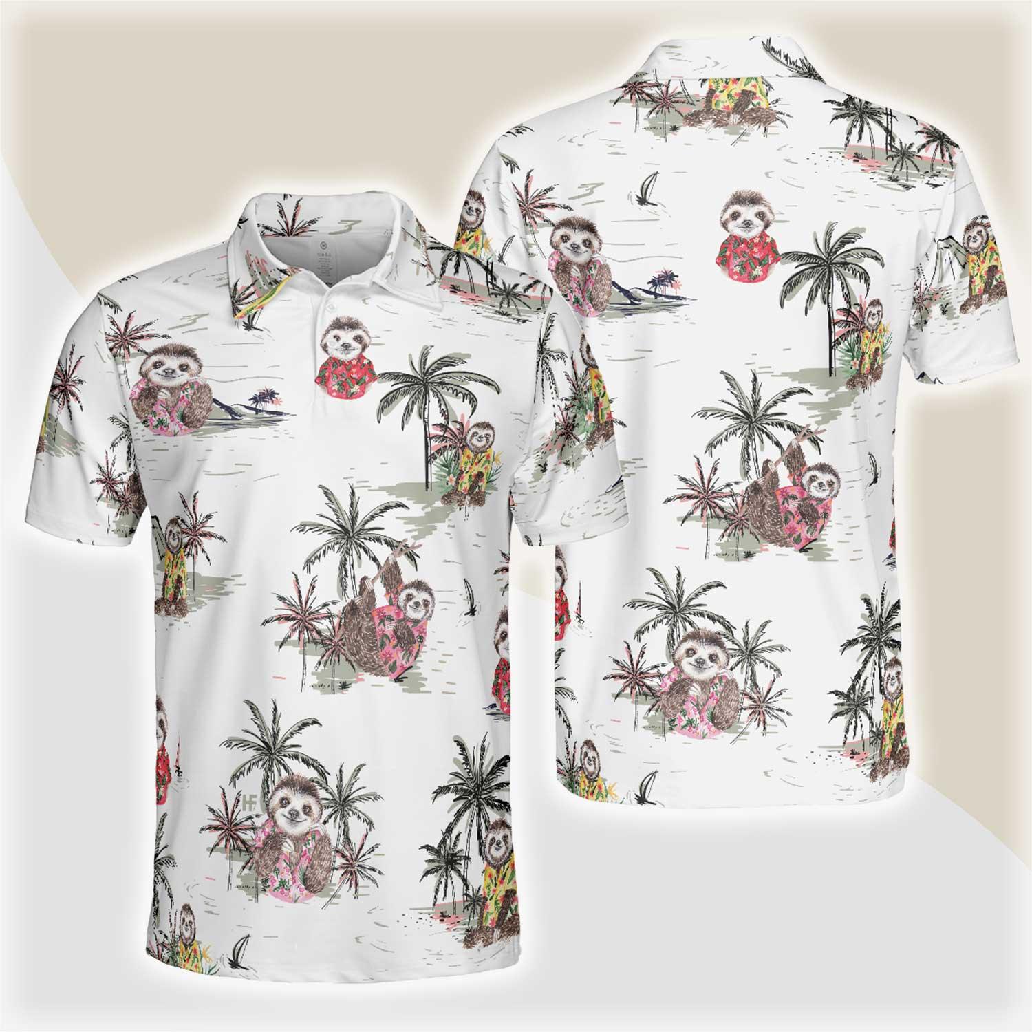 Cute Sloth With Tropical Plants Polo Shirt, White Tropical Sloth Shirt For Men And Women, Sloth Summer Shirt Design