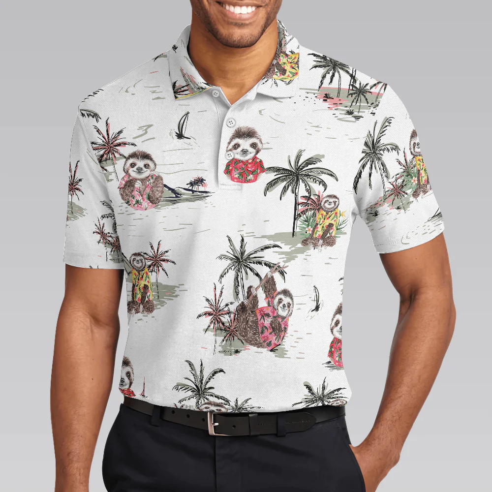 Cute Sloth With Tropical Plants Polo Shirt, White Tropical Sloth Shirt For Men And Women, Sloth Summer Shirt Design - Image 6