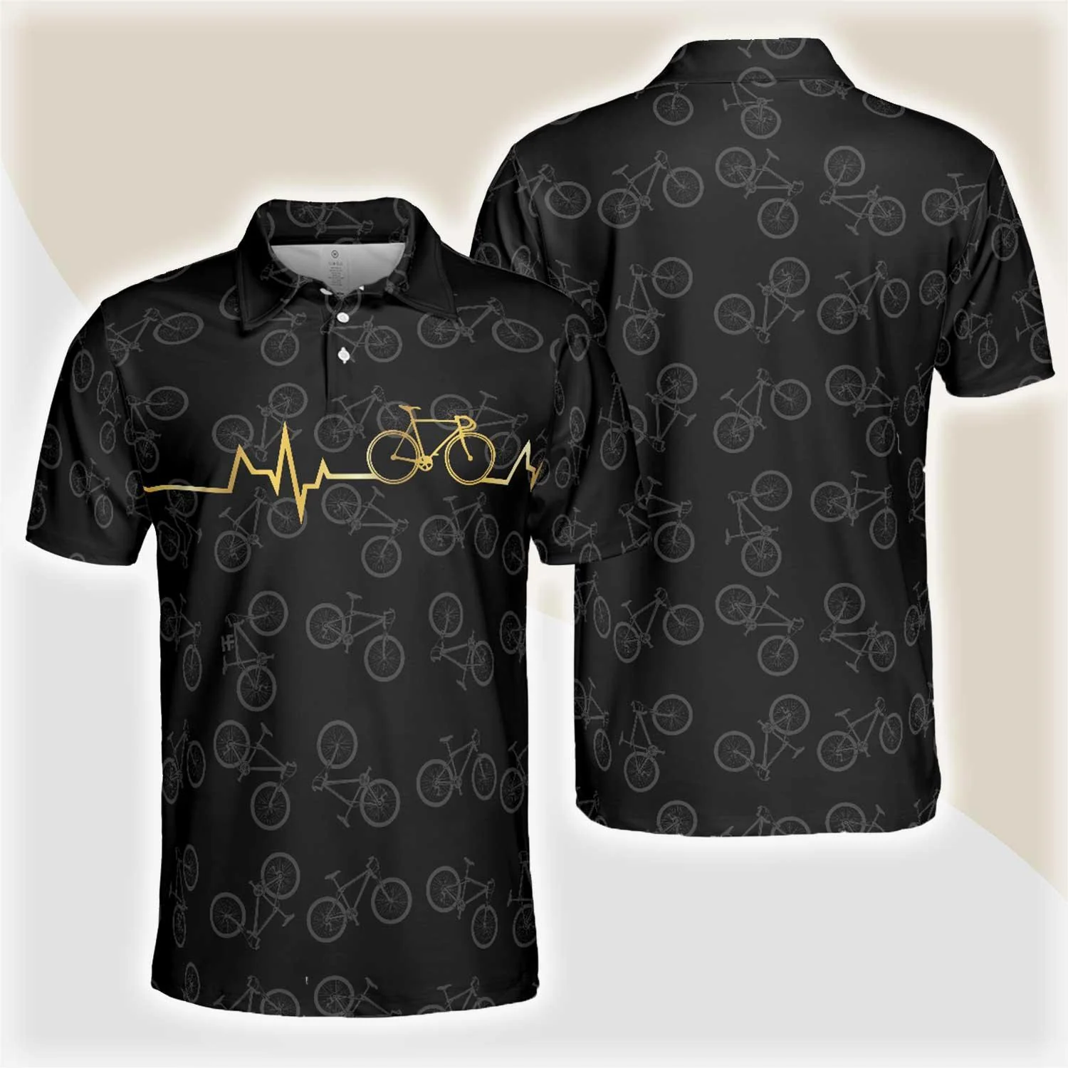 Cycling Golden Heartbeat Polo Shirt, Black Cycling Shirt For Cyclists, Thoughtful Gift Idea For Sport Lovers