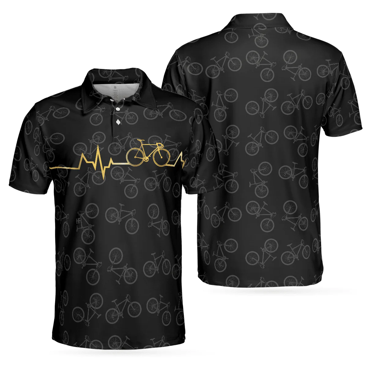 Cycling Golden Heartbeat Polo Shirt, Black Cycling Shirt For Cyclists, Thoughtful Gift Idea For Sport Lovers - Image 2