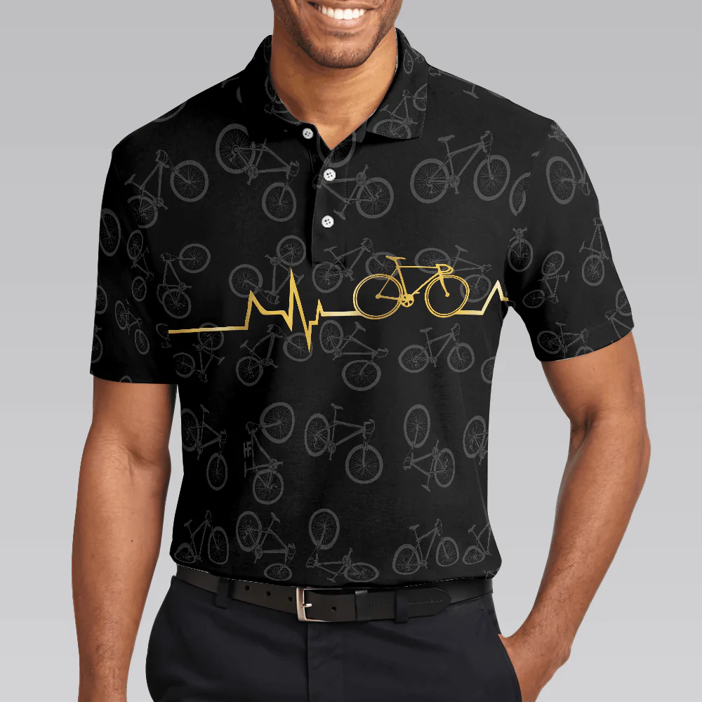 Cycling Golden Heartbeat Polo Shirt, Black Cycling Shirt For Cyclists, Thoughtful Gift Idea For Sport Lovers - Image 6