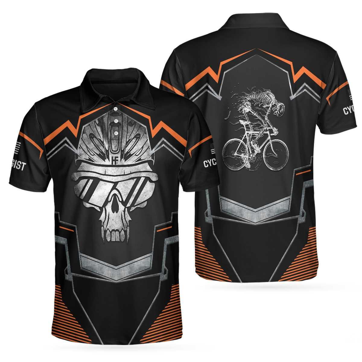 Cycling Skeleton Short Sleeve Polo Shirt, Black Skull Cyclist Shirt For Men, Polo Shirt Gift For Men - Image 2
