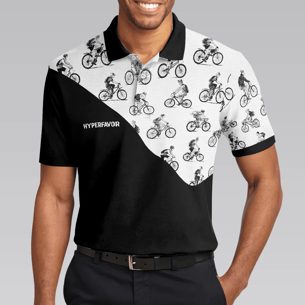 Cyclists Sketch Pattern Polo Shirt, Black And White Cycling Pattern Polo Shirt, Sporty Shirt For Cyclists - Image 5