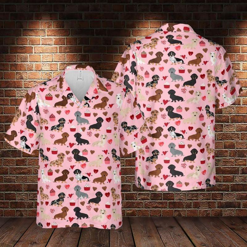 Dachshund Aloha Hawaiian Shirt - Cartoon Dachshund Pattern Hawaiian Shirt, Valentine Pattern Hawaiian Shirt For Men & Women, Dachshund Lover