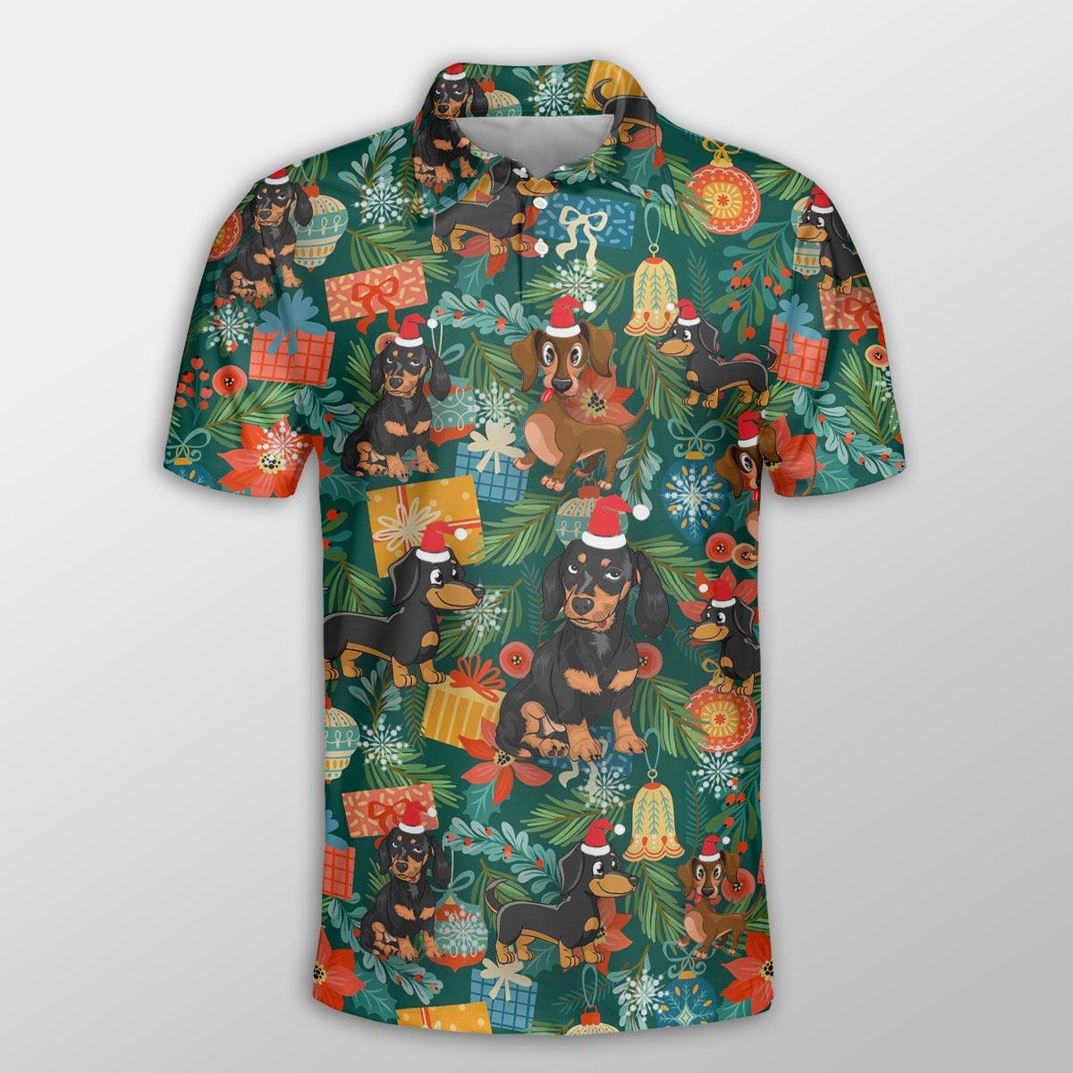 Dachshund Men Polo Shirts - Dachshund Christmas Poinsettia Mistletoe Gift Dog Button Shirts For Men - Perfect Gift For Dachshund Lovers, Christmas Gifts - Image 2