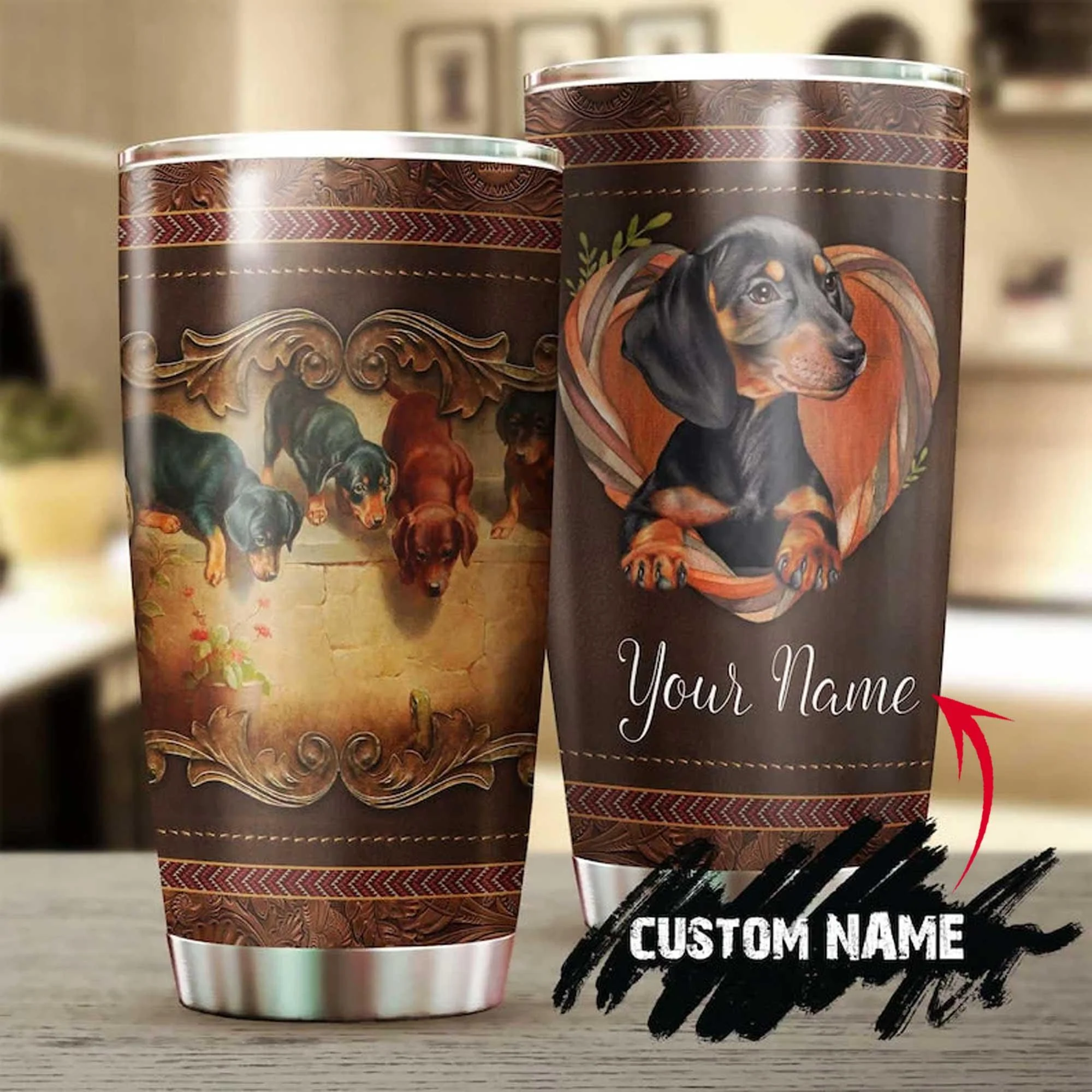 Dachshund Personalized Mother's Day Gift Tumbler - Gift For Dog Lover, Dog Mom, Dog Dad, Dog Lady - Dachshund Wooden Vintage Style Tumbler
