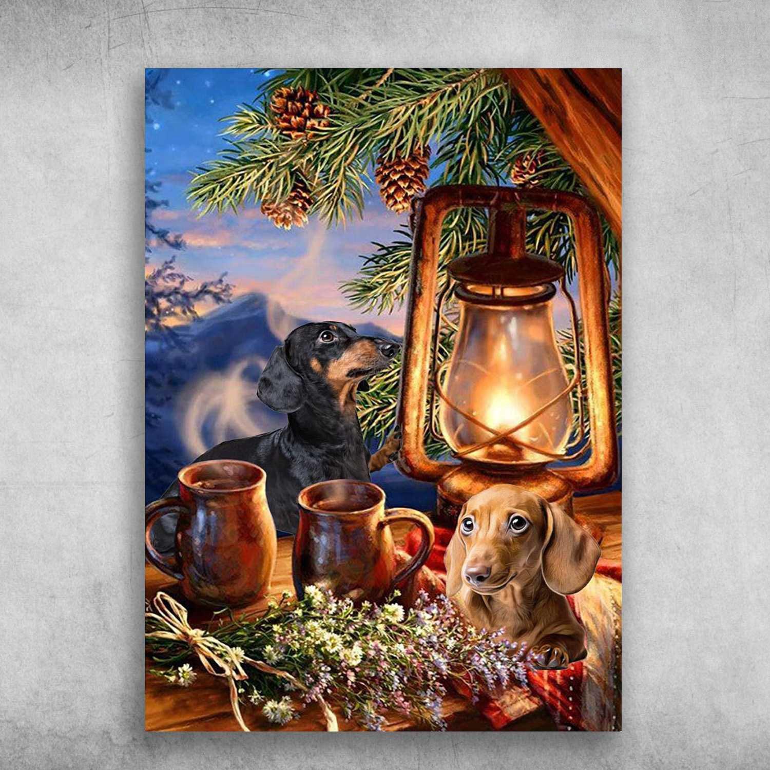 Dachshund Portrait Canvas - Dachshund Kerosene Lamp Flowers Pine Tree Sunset Portrait Canvas - Gift For Dog Lovers, Friends, Family, Dachshund Lovers