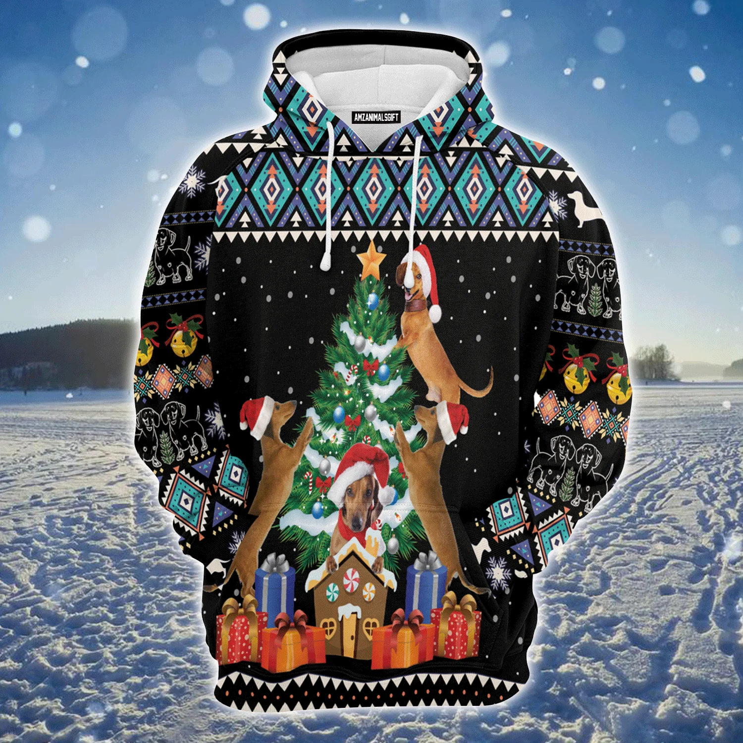 Dachshund Premium Christmas Hoodie, Dachshund Group Christmas Tree Unisex Hoodie For Men & Women - Perfect Gift For Christmas, Dachshund Lovers - Image 2