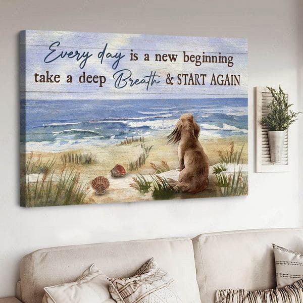 Dachshund Premium Wrapped Landscape Canvas - Dachshund Dog, Sand Beach, Ocean Wave, Every Day Is A New Beginning - Perfect Gift For Dachshund Lovers