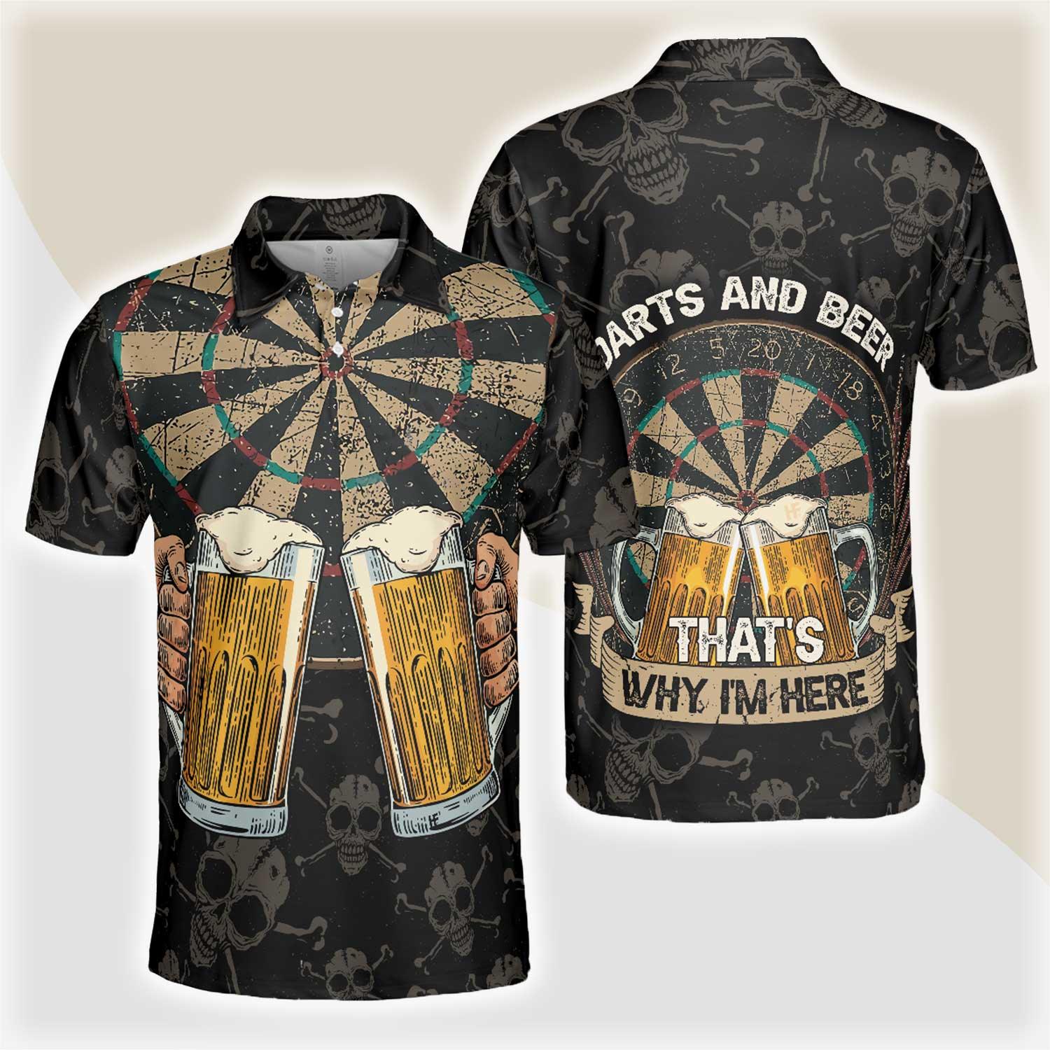 Darts And Beer That's Why I'm Here Short Sleeve Polo Shirt, Skull Darts Print Shirt For Men, Best Gift For Dart Lover