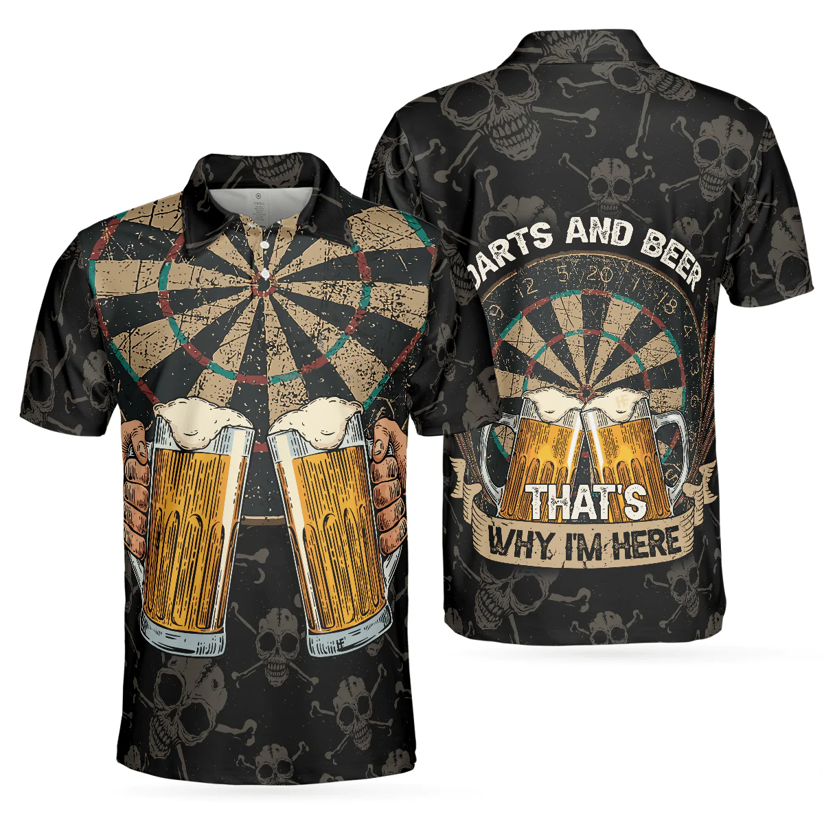 Darts And Beer That's Why I'm Here Short Sleeve Polo Shirt, Skull Darts Print Shirt For Men, Best Gift For Dart Lover - Image 2