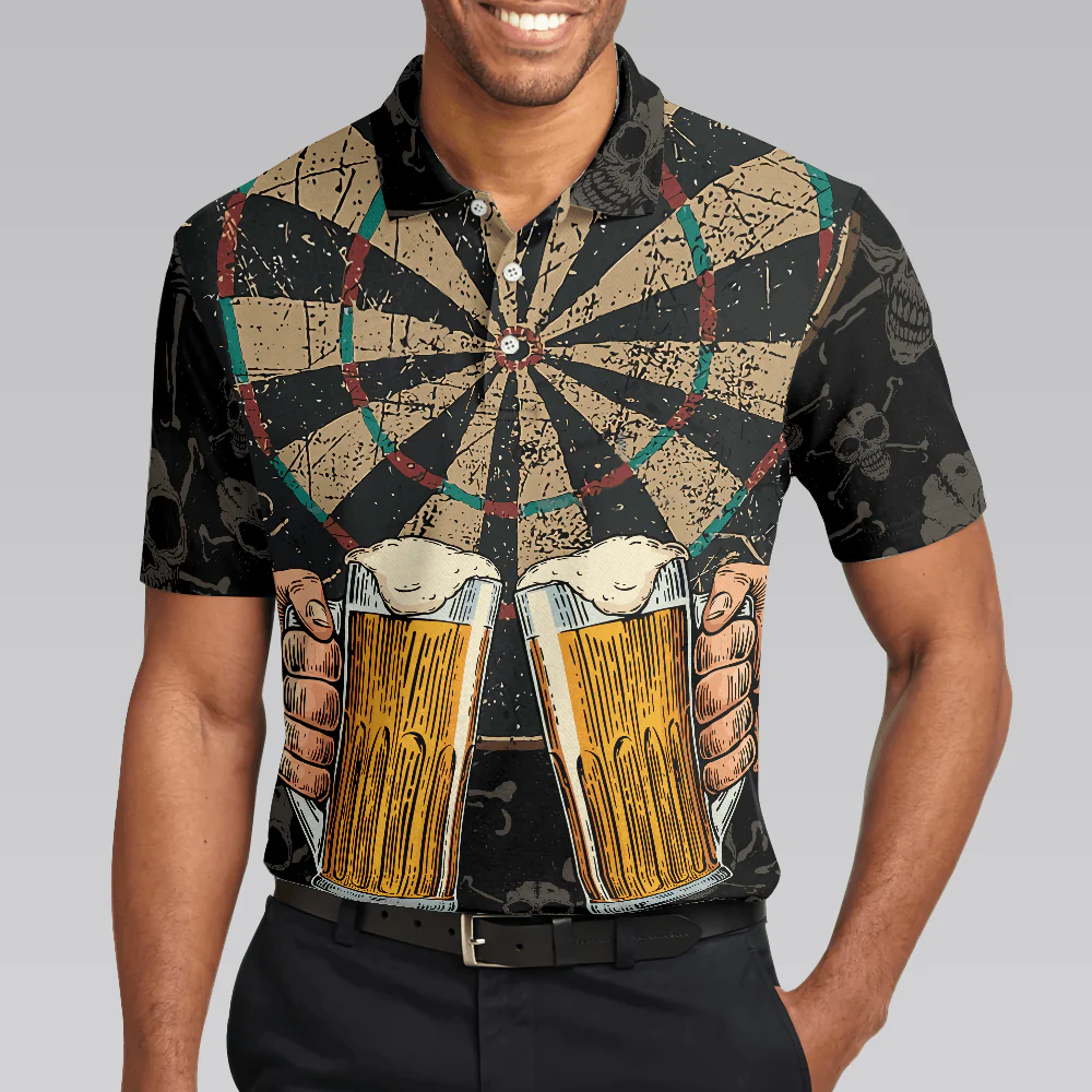 Darts And Beer That's Why I'm Here Short Sleeve Polo Shirt, Skull Darts Print Shirt For Men, Best Gift For Dart Lover - Image 6