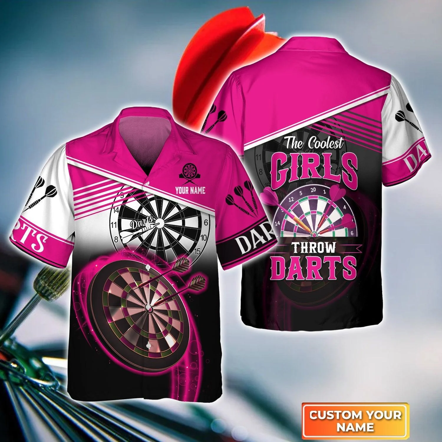 Darts Custom Name Aloha Hawaiian Shirt For Summer, Pink Dart Board Personalized Hawaiian Shirt, Gift For Darts Lovers, The Coolest Girls Throw Darts